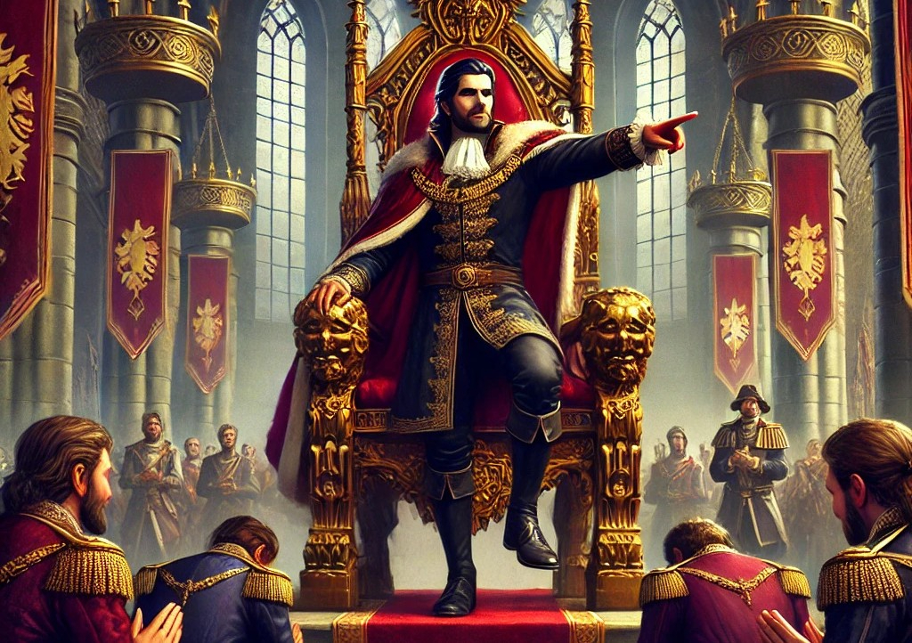 DALL·E 2025-05-15 03.49.53 - A dramatic royal scene in a grand castle hall. A majestic king has just risen from his ornate throne and is standing confidently in front of it, point.jpg