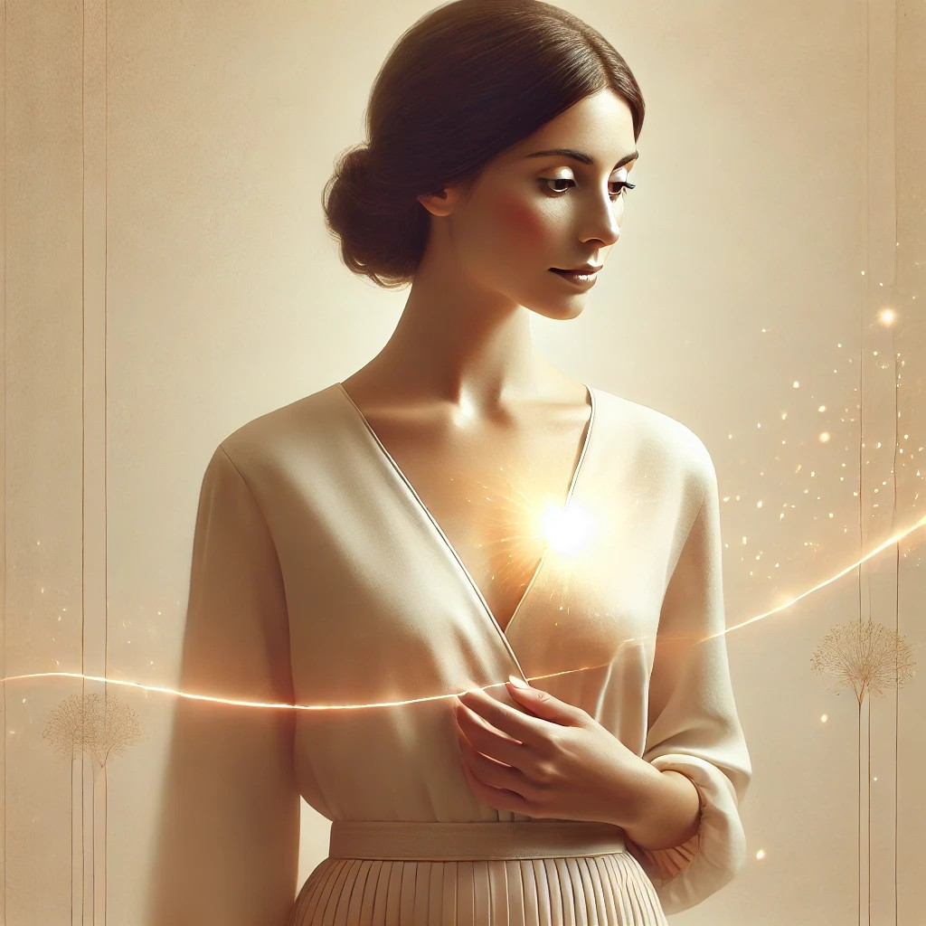 DALL·E 2025-12-10 11.42.27 - A modestly dressed woman in soft beige clothing stands in gentle warm lighting. Her expression is thoughtful yet hopeful, as if sensing a quiet inner .jpg