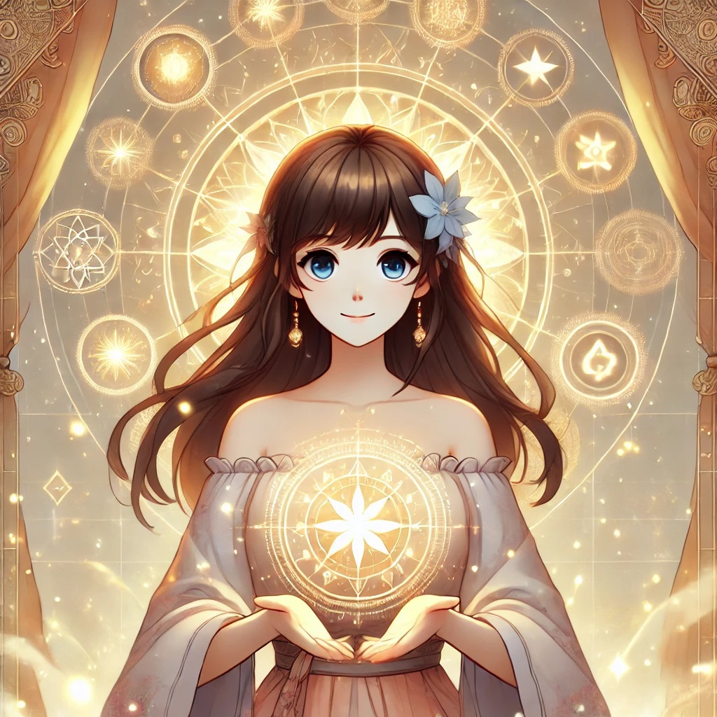 DALL·E 2025-03-12 23.49.27 - An anime-style illustration of a young woman surrounded by a glowing aura, symbolizing self-discovery and recognizing her true talents. She has a sere.jpg