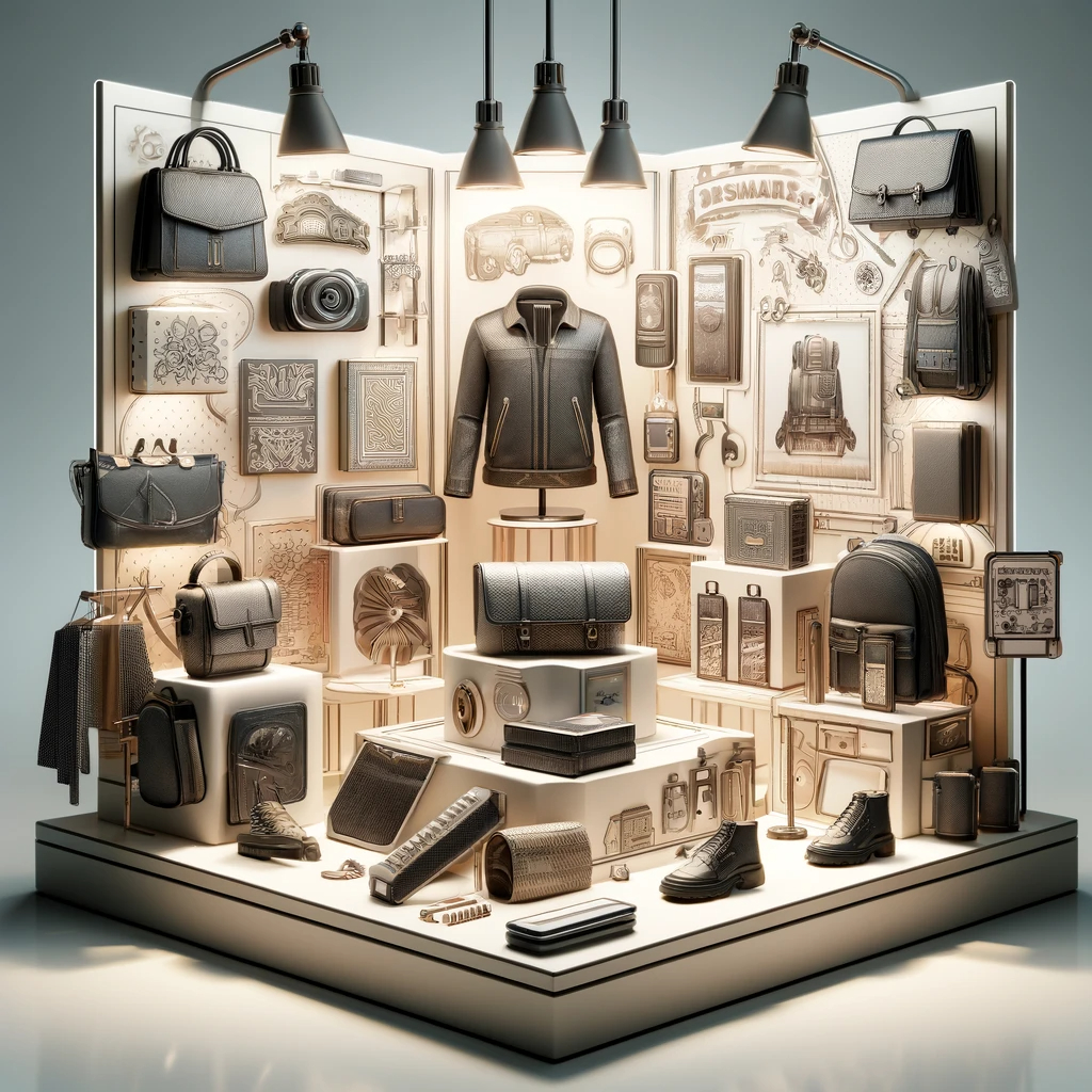 DALL·E 2024-05-07 11.48.03 - An online store display showing a creative arrangement of various products such as bags, wallets, and accessories. The display is designed to be visua.png