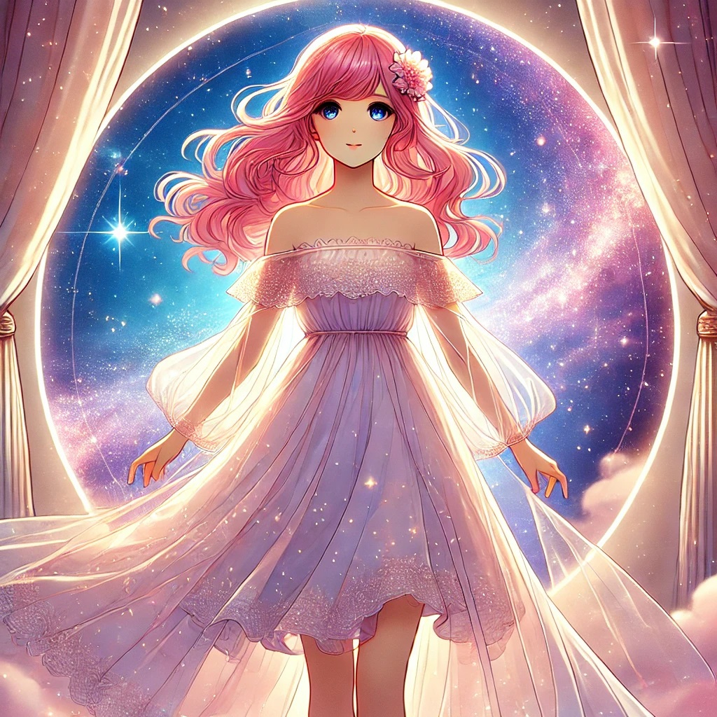 DALL·E 2025-02-13 20.18.57 - A beautiful anime-style illustration of a young woman with elegant pink hair standing at the edge of a glowing cosmic gateway. She wears a flowing, et.jpg
