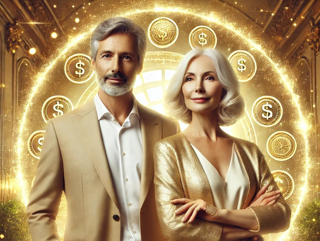 DALL·E 2025-05-03 19.35.27 - A refined and elegant couple in their 50s stands confidently together, surrounded by a massive golden aura symbolizing wealth and prosperity. They are.jpg