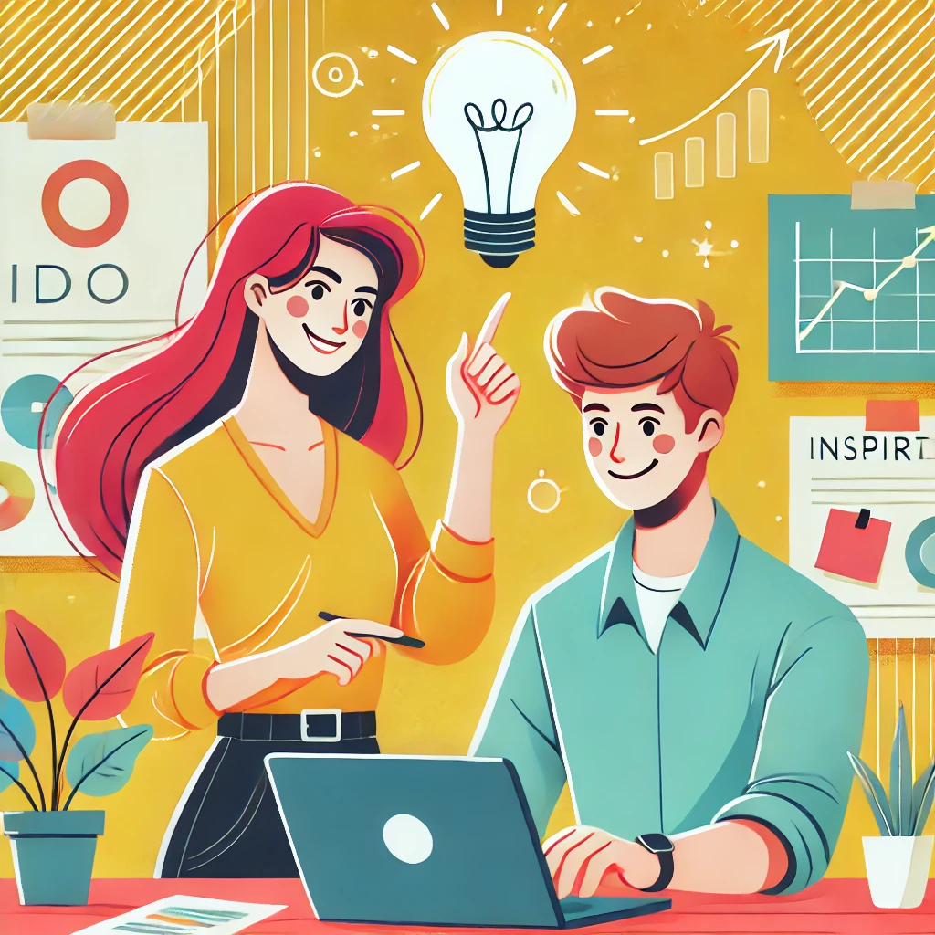 DALL·E 2024-10-17 19.07.40 - A colorful and modern illustration showing a lively scene with two people collaborating on a laptop. One person has red hair and a yellow blouse, poin.png