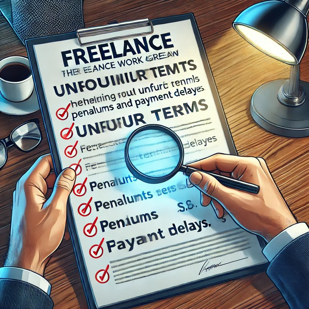 DALL·E 2024-10-21 20.13.44 - An illustration of a businessperson carefully examining a contract labeled 'Freelance Work Agreement' with a magnifying glass, highlighting potential .jpeg
