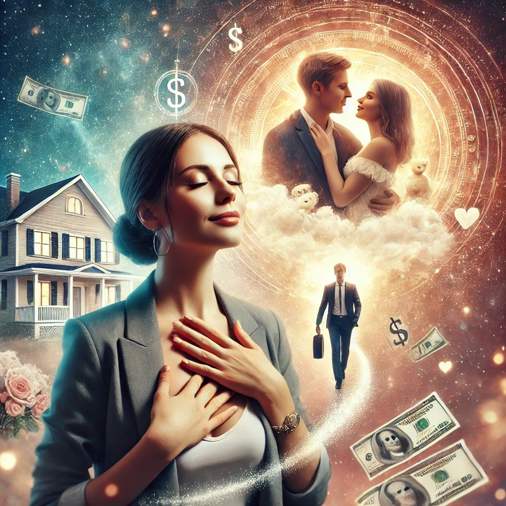 DALL·E 2025-07-03 13.15.21 - A surreal and emotional scene of a woman standing with her hand near her chest, eyes gently closed, visualizing a successful version of her life. From.jpg