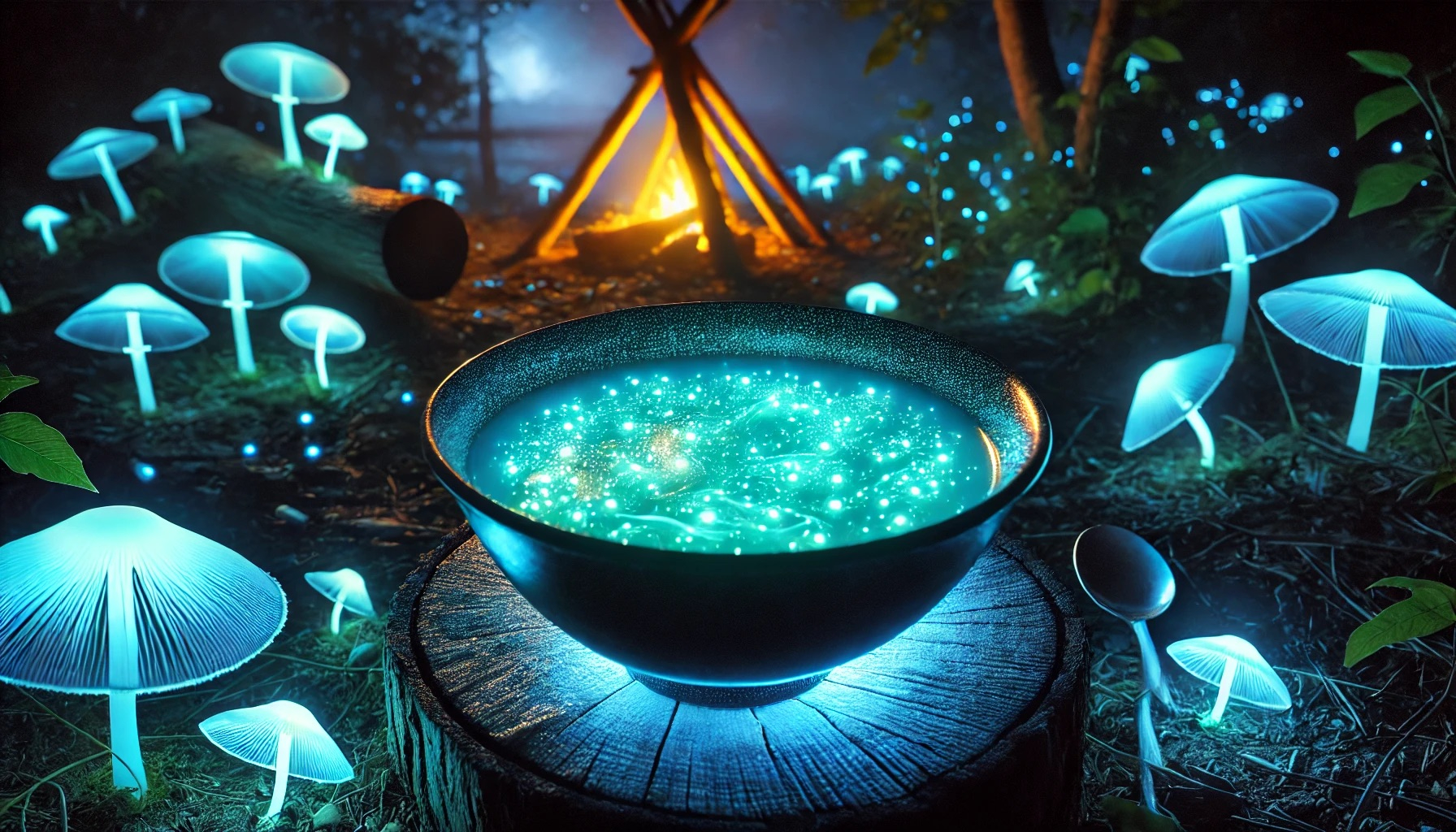 DALL·E 2024-07-02 23.45.53 - A high-quality image of a bioluminescent soup glowing softly in the dark, served in a futuristic bowl at a campsite with bioluminescent plants around.jpeg
