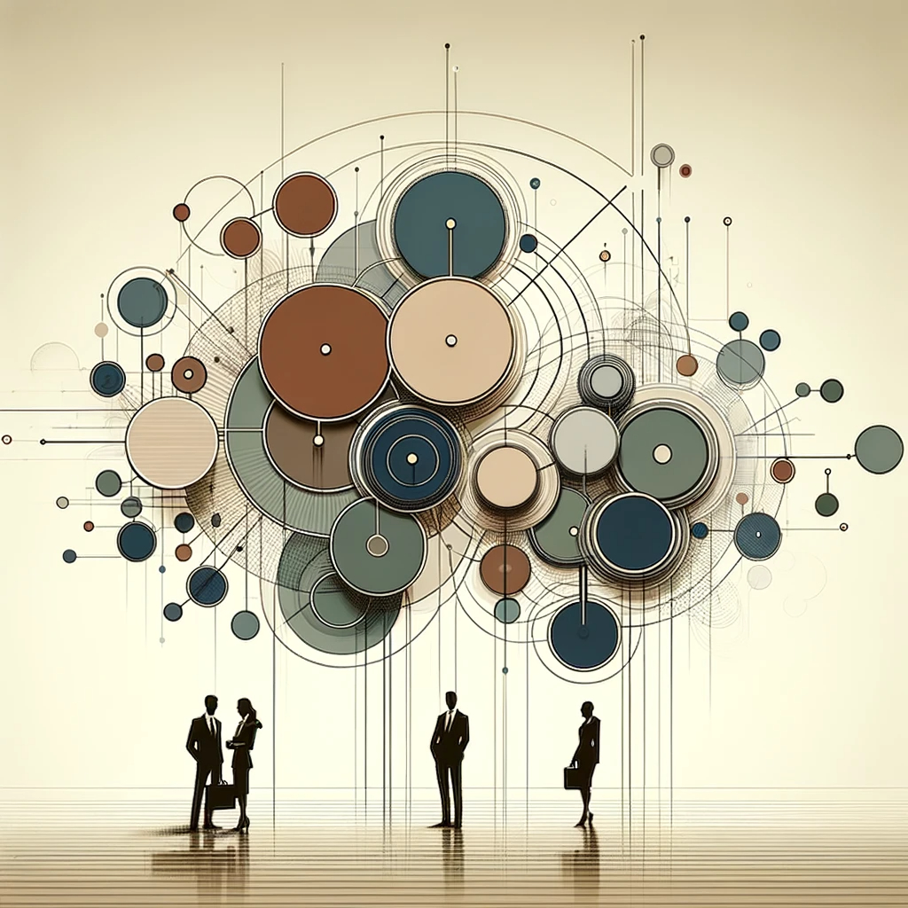DALL·E 2023-12-04 22.35.45 - A business-like, professional visual representation of topic clusters, with a reduced number of clusters. The clusters are depicted in muted, sophisti.png