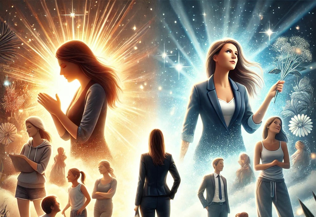 DALL·E 2025-05-08 20.52.45 - A symbolic and emotional scene showing a 30-something woman standing in the center, deep in thought, as she imagines two contrasting futures. On her r.jpg