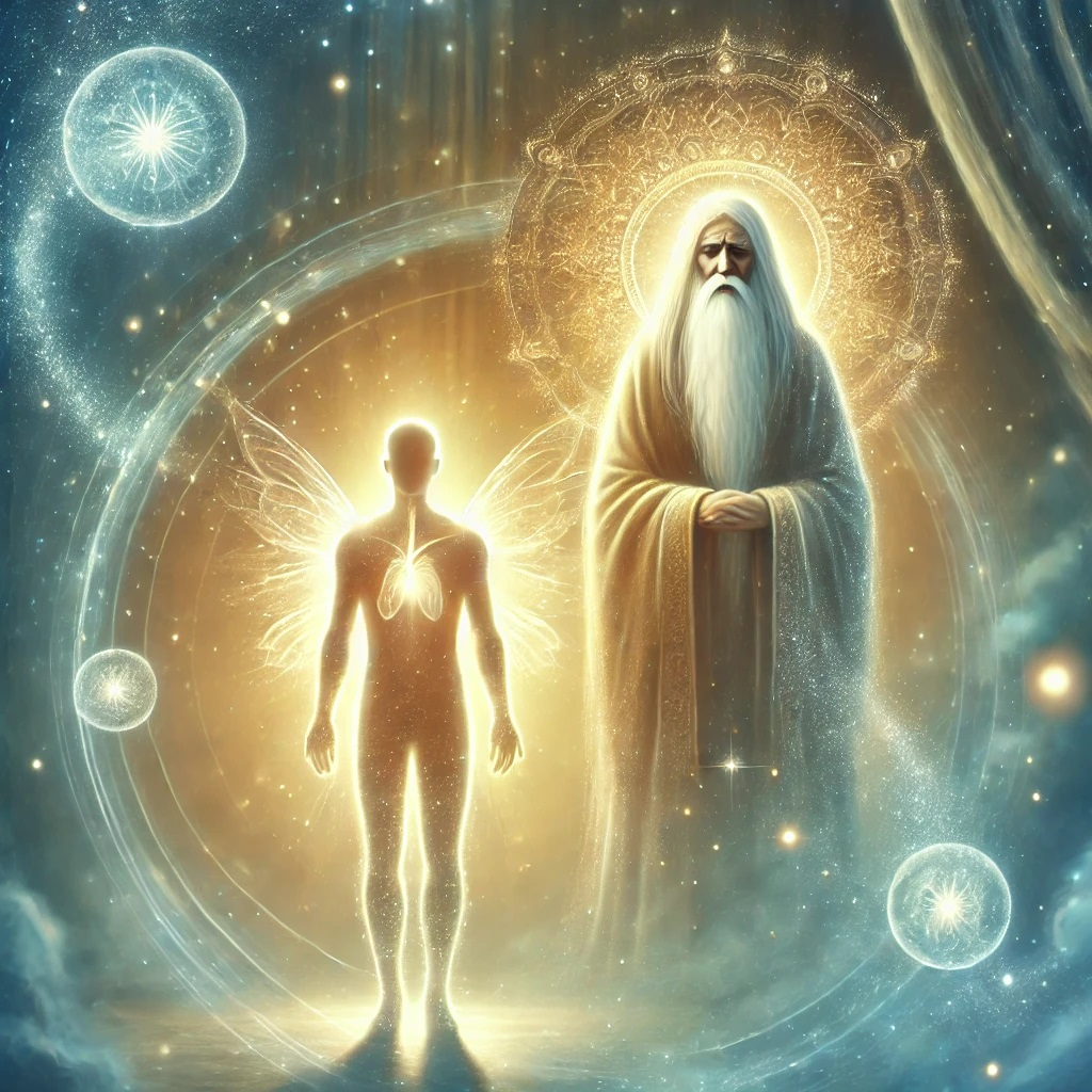 DALL·E 2025-03-10 00.22.57 - A mystical illustration of a guardian spirit and a guide spirit. The guardian spirit is a luminous, ethereal figure radiating a soft golden glow, stan.jpg