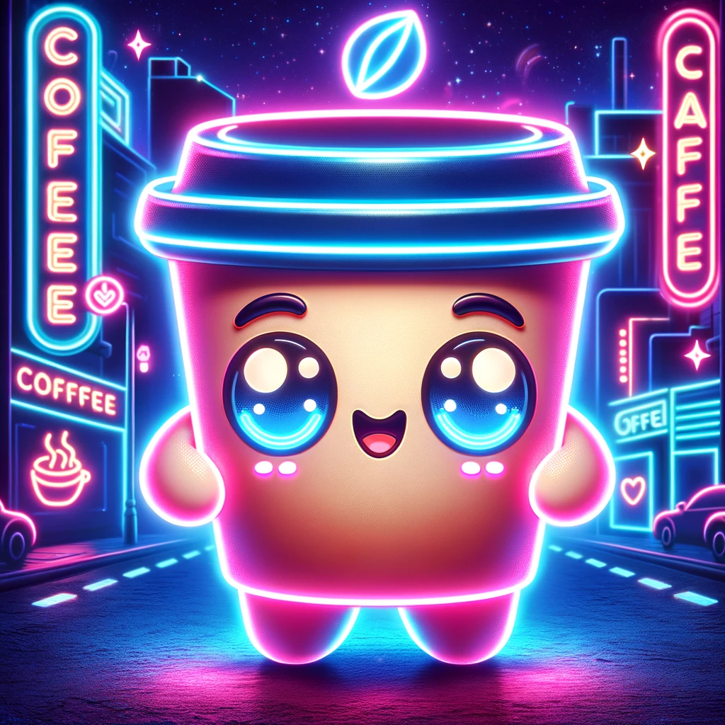 DALL·E 2023-11-13 20.10.50 - A cute coffee-themed character designed in a vibrant neon style. The character has an adorable coffee cup for a head, with neon outlines and a bright,.png