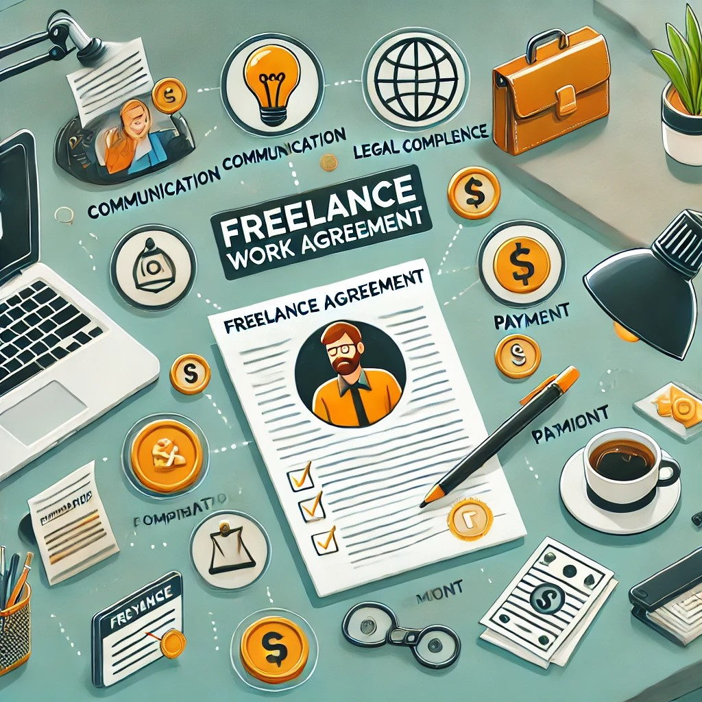 DALL·E 2024-10-21 18.38.49 - An illustration showing a 'Freelance Work Agreement' with icons for communication, legal compliance, and payment, symbolizing changes in business prac.jpeg