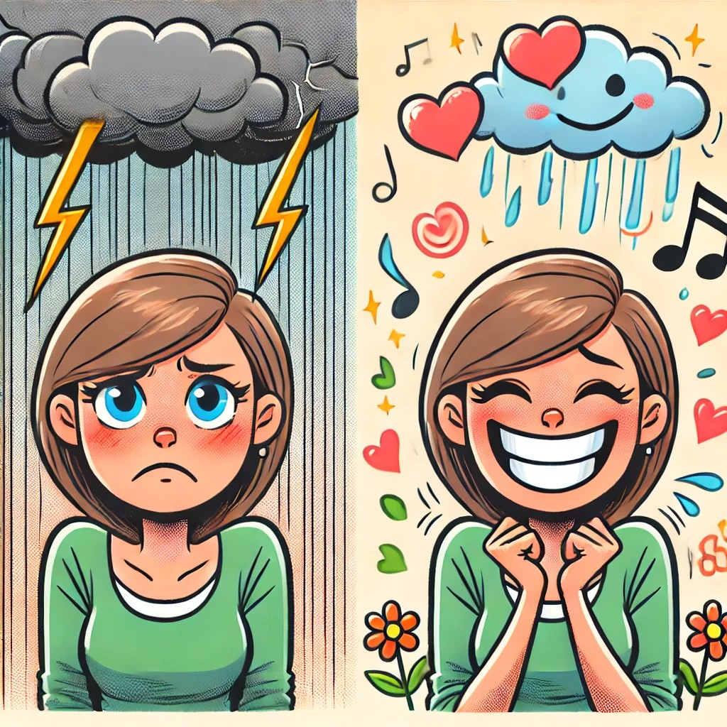 DALL·E 2025-08-09 00.41.19 - A humorous and lighthearted cartoon-style image of a woman who was previously extremely angry but is now suddenly in a cheerful, happy mood. She is sm.jpg
