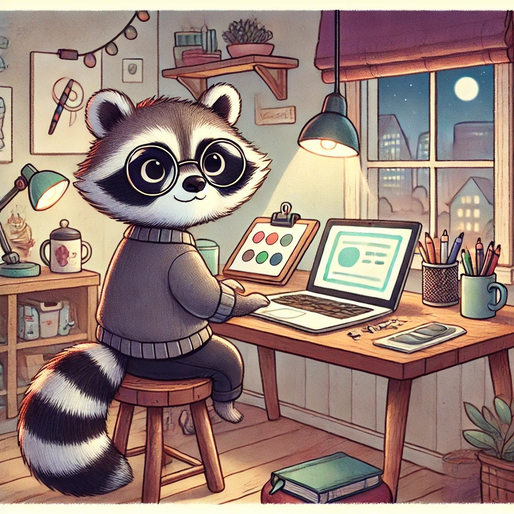 DALL·E 2024-10-23 18.09.48 - A charming illustration of an animal working as a freelancer. A clever raccoon sitting at a desk with a laptop, surrounded by creative items like a sk.jpeg