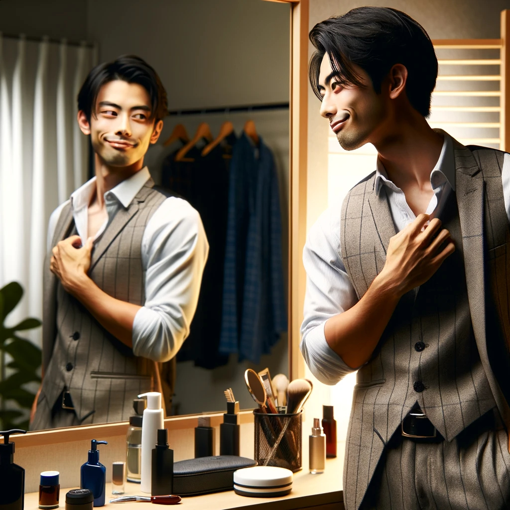 DALL·E 2024-02-09 11.48.00 - A Japanese man standing in front of a mirror, admiring his reflection with a satisfied smile. He is dressed in stylish, modern clothing, suggesting a .png