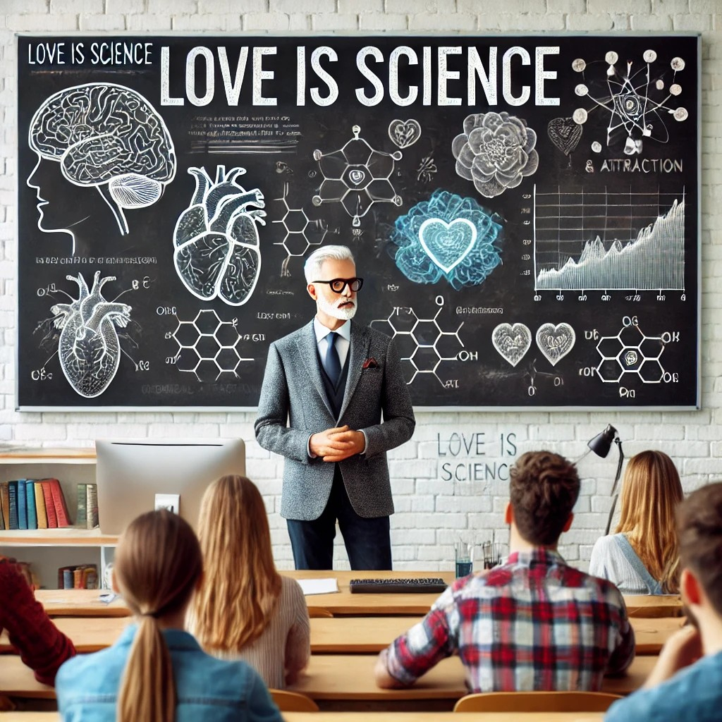 DALL·E 2025-07-11 11.16.56 - A university professor giving a lecture titled 'Love is Science' in a modern university classroom. The professor is in their late 50s, wearing a smart.jpg