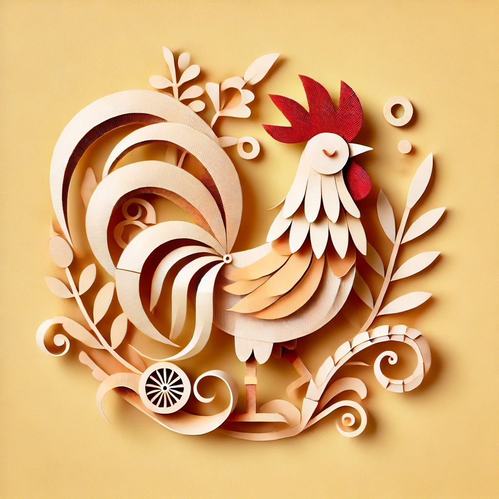 DALL·E 2025-02-08 10.35.15 - A charming papercraft-style illustration featuring a rooster creatively designed with seaweed elements. The rooster is the main focus, with intricate .jpg