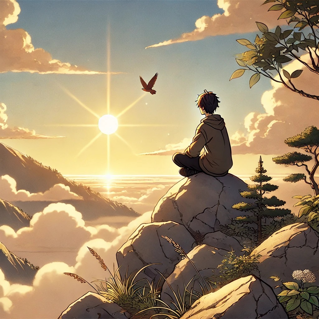 DALL·E 2025-01-14 19.35.47 - An anime-style illustration of a person sitting on a quiet mountain peak at sunrise, reflecting deeply on their life journey. The character appears ca.jpg