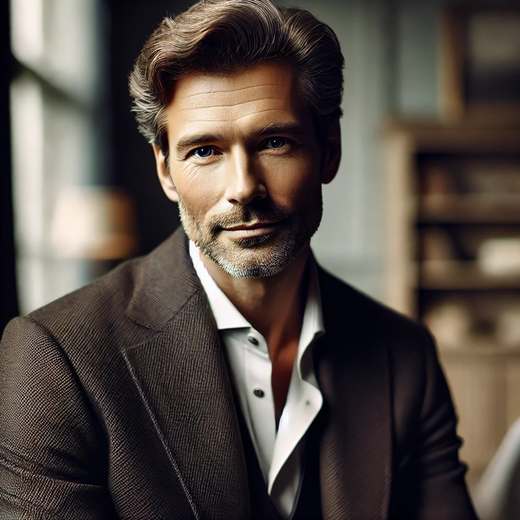 DALL·E 2025-07-08 21.41.58 - A refined, elegant man in his 40s or 50s who radiates inner charm and confidence without physical exertion. He is dressed in a simple yet classy outfi.jpg