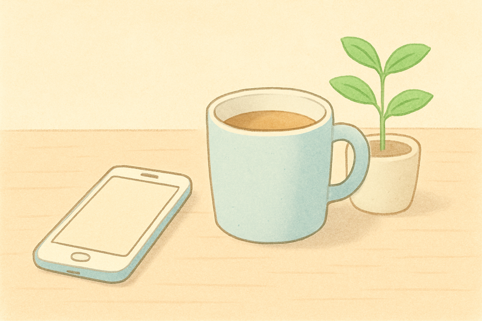 Firefly_GPT_テーブルの上にスマートフォン、マグカップ、小さな観葉植物が置かれているやさしいイラスト。_パステル調、静かで落ち着いた雰囲気、淡い色合い、シンプルな構図。_見る人がほっと 159960.png