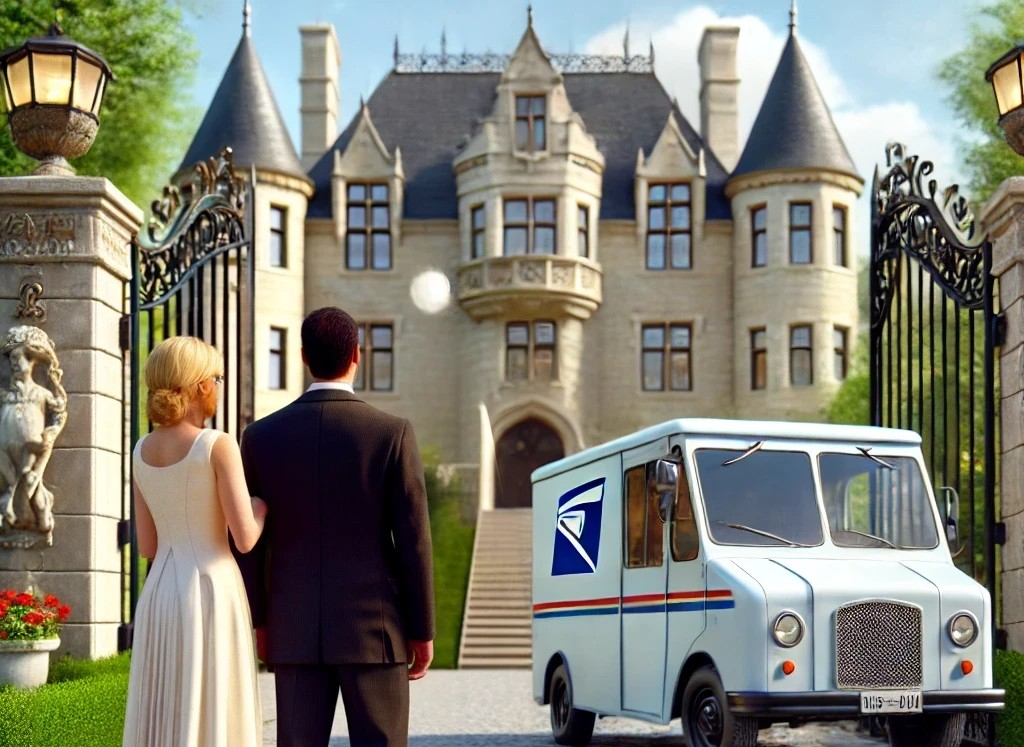 DALL·E 2025-05-05 22.07.50 - A charming and realistic scene showing the refined 40-something couple from behind, standing before the grand gate of their European-style castle, loo.jpg