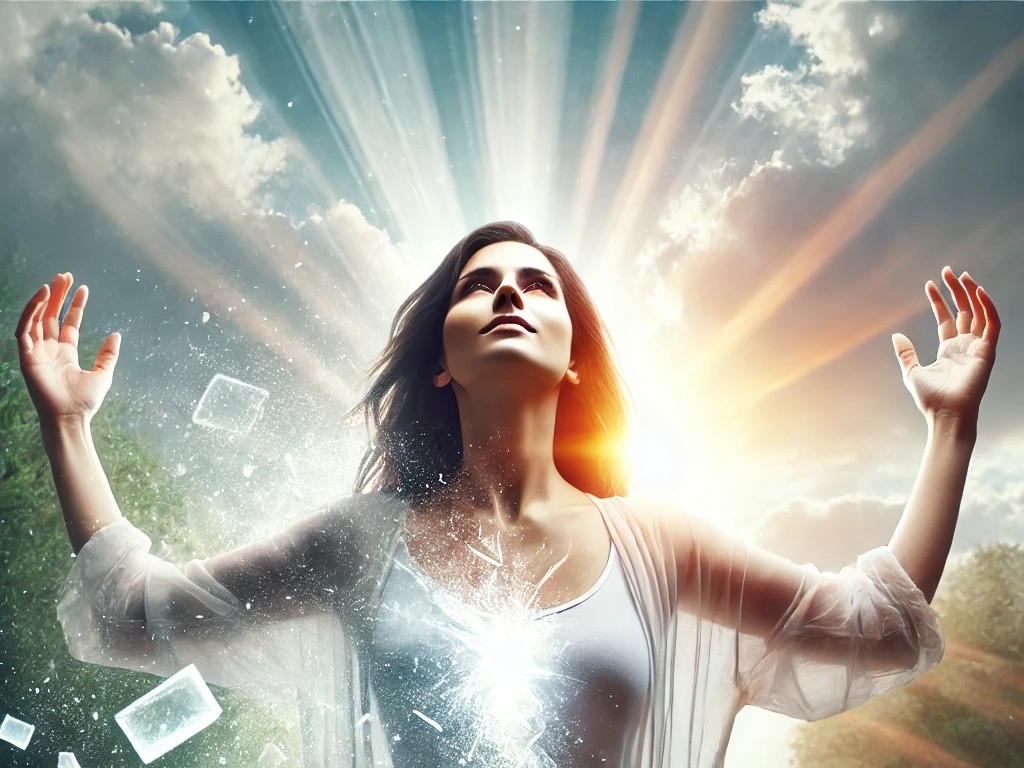 DALL·E 2025-05-03 20.10.07 - A powerful and uplifting scene showing a woman who has just broken through her own inner barriers. She stands tall in an open natural setting, arms sl.jpg