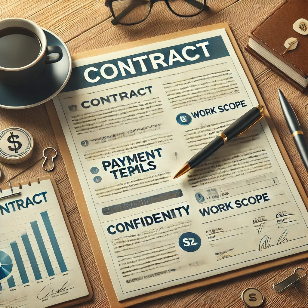 DALL·E 2024-10-26 15.10.16 - A detailed graphic showing a contract with key sections highlighted, like payment terms, confidentiality, and work scope. Include a pen, a notepad, an.jpeg