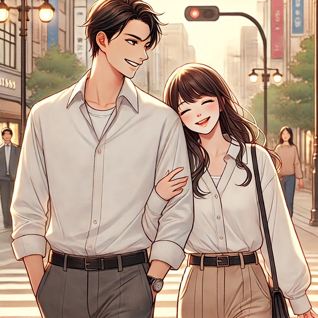 DALL·E 2025-12-08 12.32.20 - A romantic and joyful illustration of a couple happily walking together on a city street, enjoying a date. They are smiling and relaxed, walking side .jpg