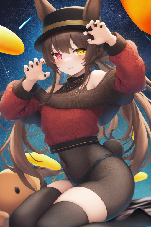 1036568374_1boy, solo, claw pose, brown hair, heterochromia, orange eyes, amber eyes, --, very long hair, hat, rabbit ears, sweater, bracelet, starry sky_0.png