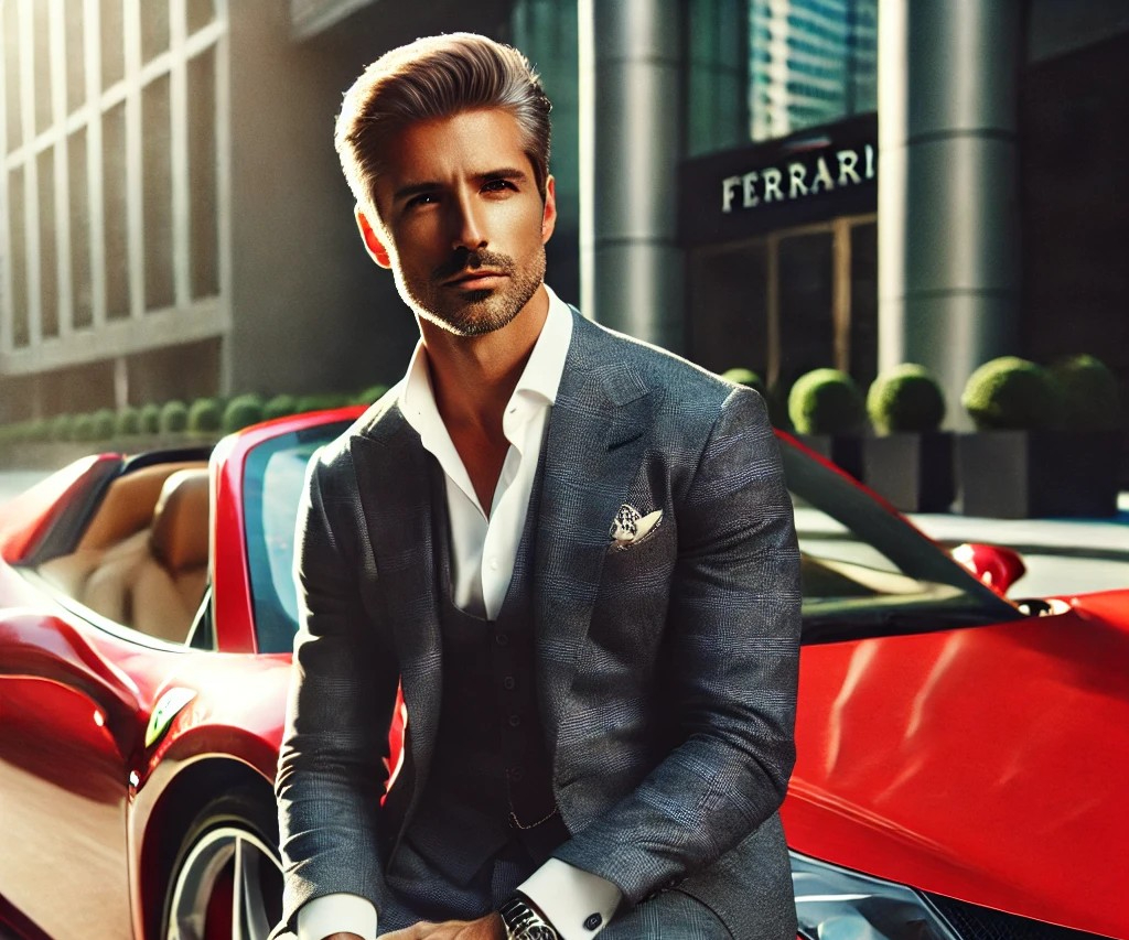 DALL·E 2025-05-15 02.21.31 - A sophisticated, wealthy man in his 40s is sitting confidently in a luxury sports car similar to a Ferrari. He is well-groomed, wearing a stylish suit.jpg