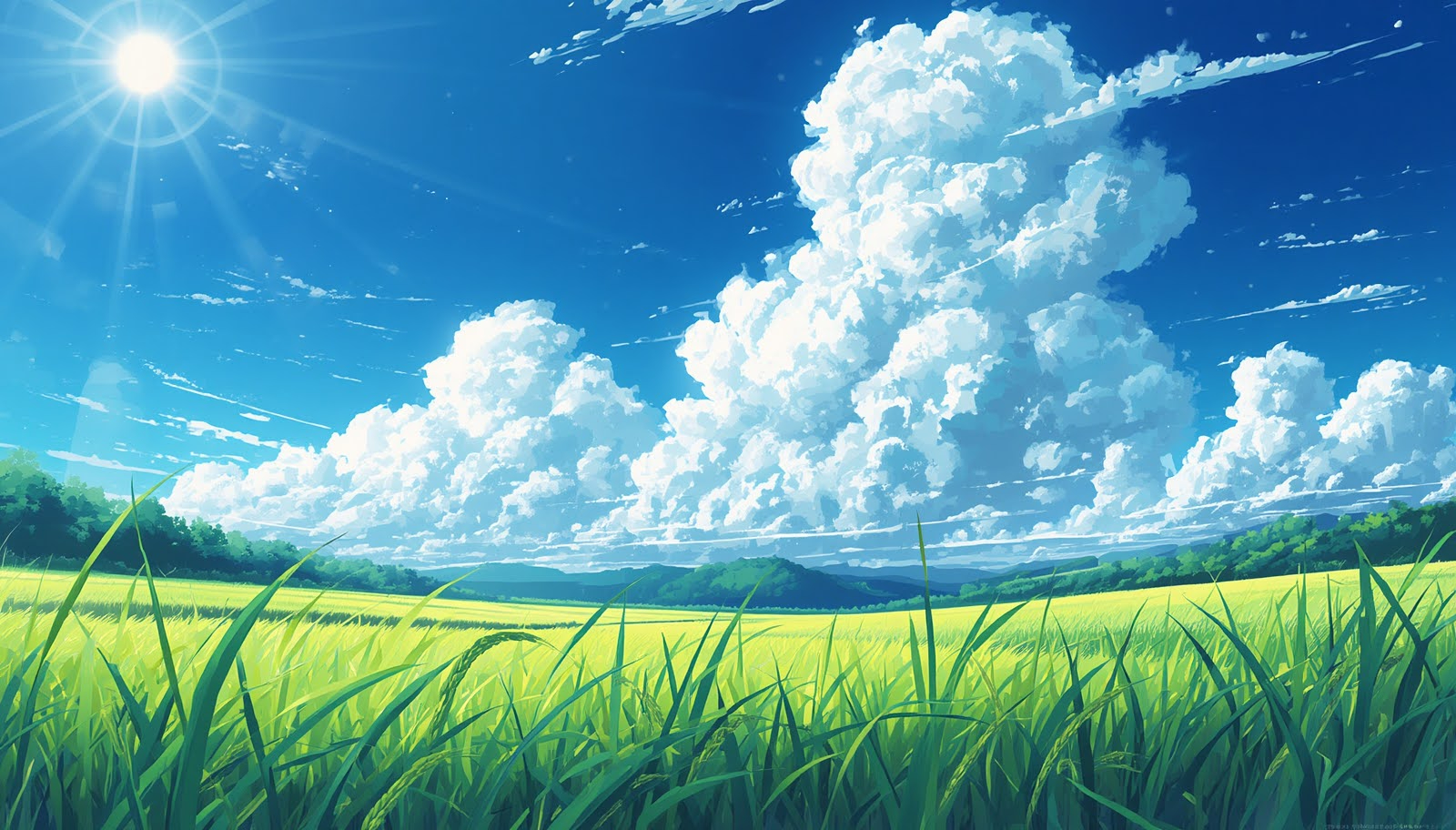 a stunning illustration of 二十四節気の小暑をテーマにした日本の夏の風景、強い太陽の光が降り注ぐ、青空と入道雲、緑豊かな田園_20260705_002903_0000.png