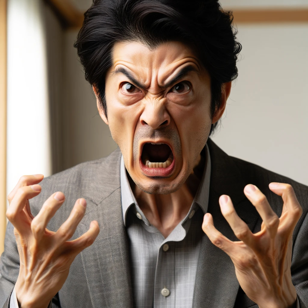 DALL·E 2024-02-02 12.22.55 - An image of an angry Japanese man, with his brows furrowed and mouth open as if shouting or expressing strong frustration. He is in a room, possibly h.png