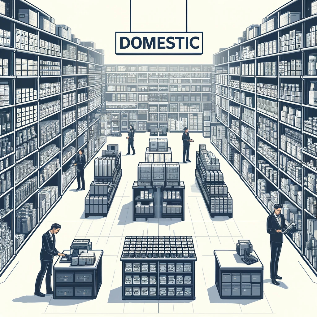 DALL·E 2024-05-14 09.25.31 - An organized warehouse or store of a domestic wholesaler. Shelves filled with various products neatly arranged. Staff members are working, checking in.png