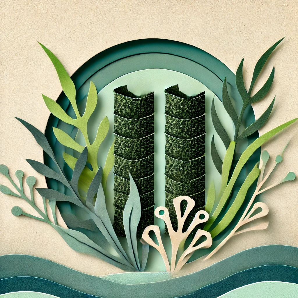 DALL·E 2025-02-06 14.39.52 - A papercraft-style illustration featuring seaweed as the main focus. The image highlights sheets of nori (seaweed) arranged artistically, with a subtl.jpg