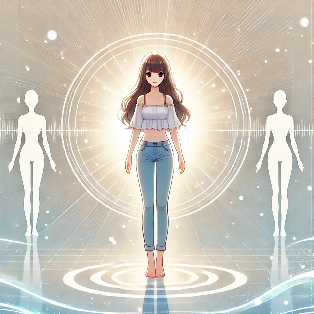 DALL·E 2025-03-06 22.35.13 - An anime-style illustration of a woman standing in a calm and balanced environment, symbolizing harmony and energy. She radiates a soft glow, represen.jpg