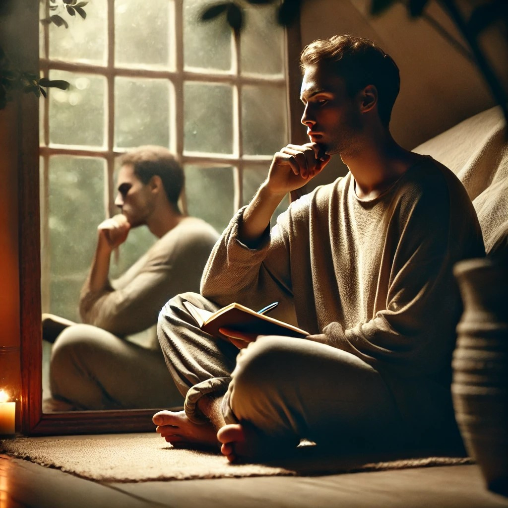 DALL·E 2025-07-22 18.04.22 - A quiet and introspective scene showing a person deep in self-reflection. The person, sitting alone in a softly lit room or in nature (like by a lake .jpg