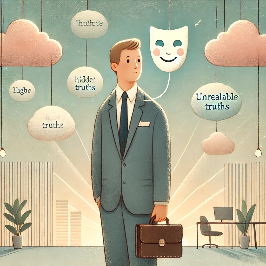 DALL·E 2024-10-24 20.53.04 - A gentle, symbolic illustration representing the theme 'The business world is full of lies.' The scene shows a businessperson in a suit, standing in a.jpeg