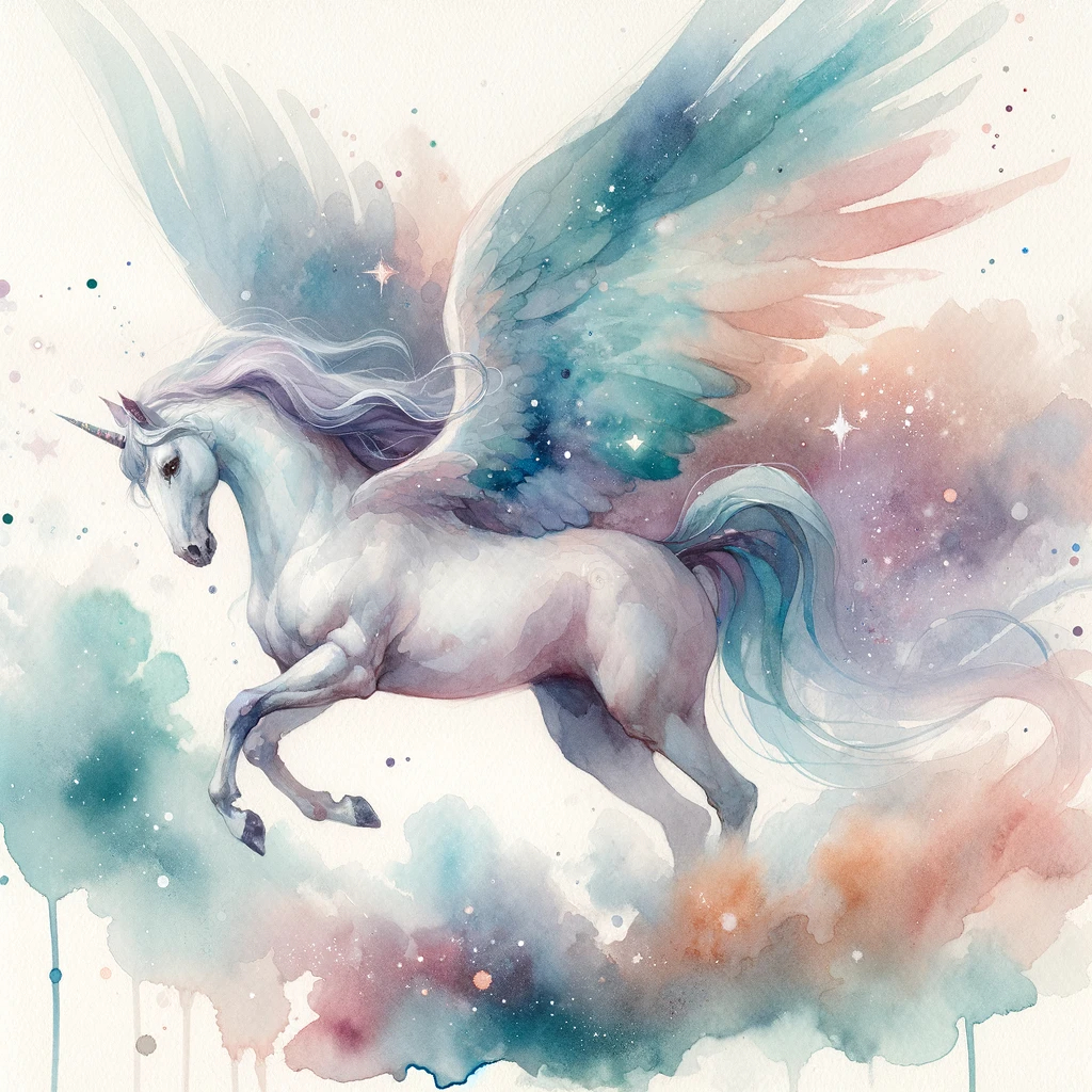 DALL·E 2023-11-25 18.33.34 - A watercolor painting style image of a Pegasus, depicted with translucent watercolor touches. The colors are soft with delicate gradations, emphasizin.png