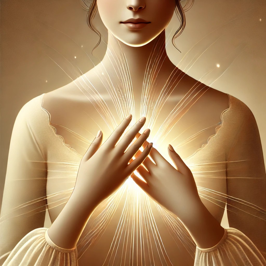 DALL·E 2025-12-03 15.11.05 - An elegant and serene illustration of a modestly dressed woman, with her hands gently placed on her upper chest. From the center of her chest, a soft .jpg