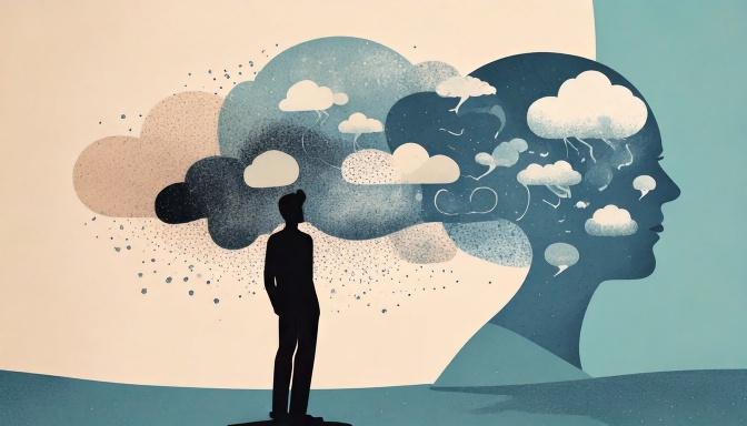 Firefly 考えと自分の間に距離をとることを表現した、やさしい抽象イラスト。_人物シルエットが少し離れた位置から、雲や吹き出しのような抽象的な「考え」を静かに眺めている構図。_人物と考えの間には十.jpg