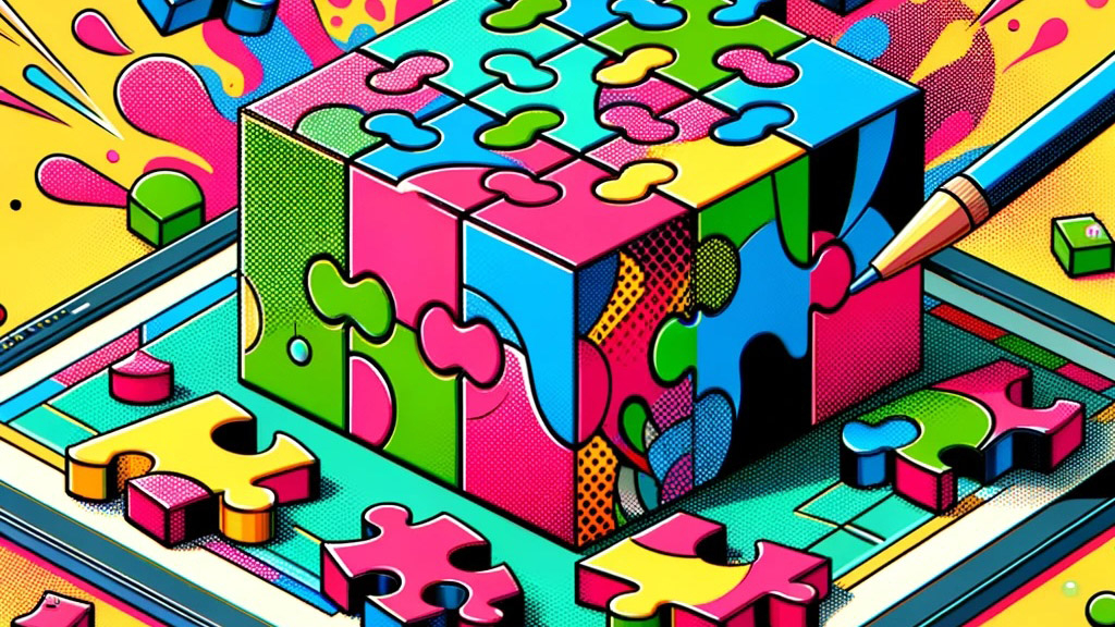 DALL·E 2024-02-25 13.13.49 - Create a 3D computer graphics image of a puzzle in a pop-art style. The image should feature vibrant, colorful puzzle pieces, possibly with bold patteのコピー.jpg