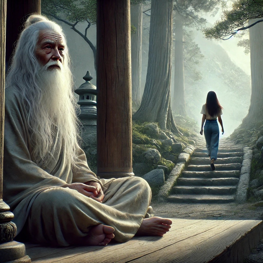 DALL·E 2025-07-12 11.19.06 - A serene, elderly man with long white hair and a calm expression, symbolizing enlightenment, sits peacefully at the entrance of a mountain temple or f.jpg