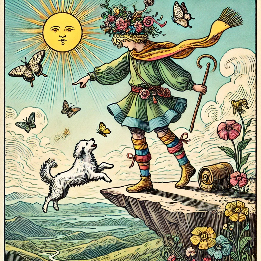 DALL·E 2024-11-09 11.13.58 - A detailed illustration of the tarot card 'The Fool.' The card depicts a carefree figure standing at the edge of a cliff, about to take a step forward.jpg