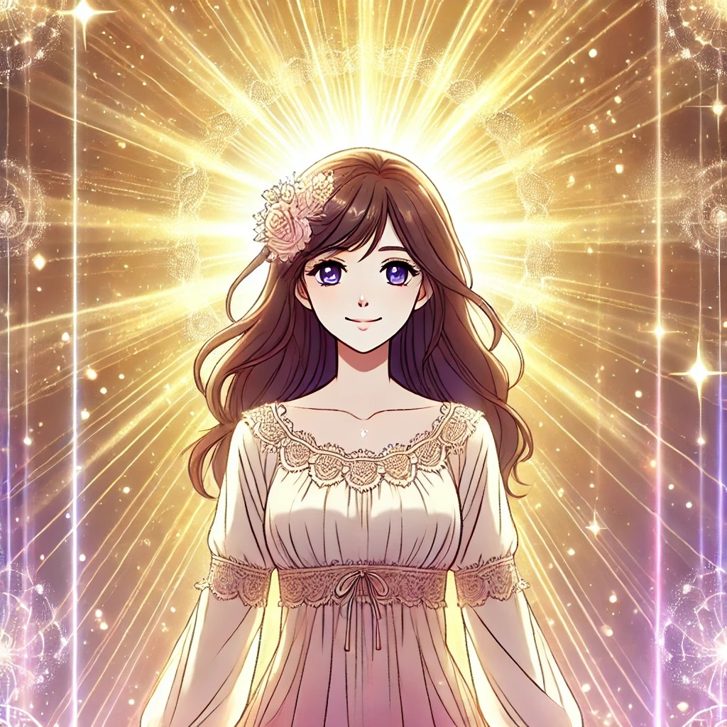 DALL·E 2025-03-15 14.40.40 - An anime-style illustration of a young woman radiating high vibrational energy, symbolizing spiritual awakening and positivity. She stands gracefully .jpg