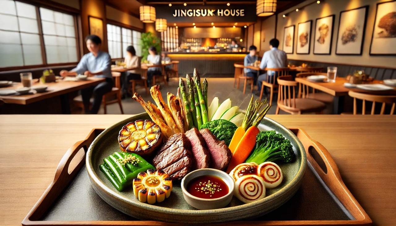 DALL·E 2024-07-04 19.07.40 - A high-quality image of a plate of Jingisukan set meal served at Jingisukan House in Sunagawa Service Area, featuring grilled lamb, vegetables, and a  大.jpeg