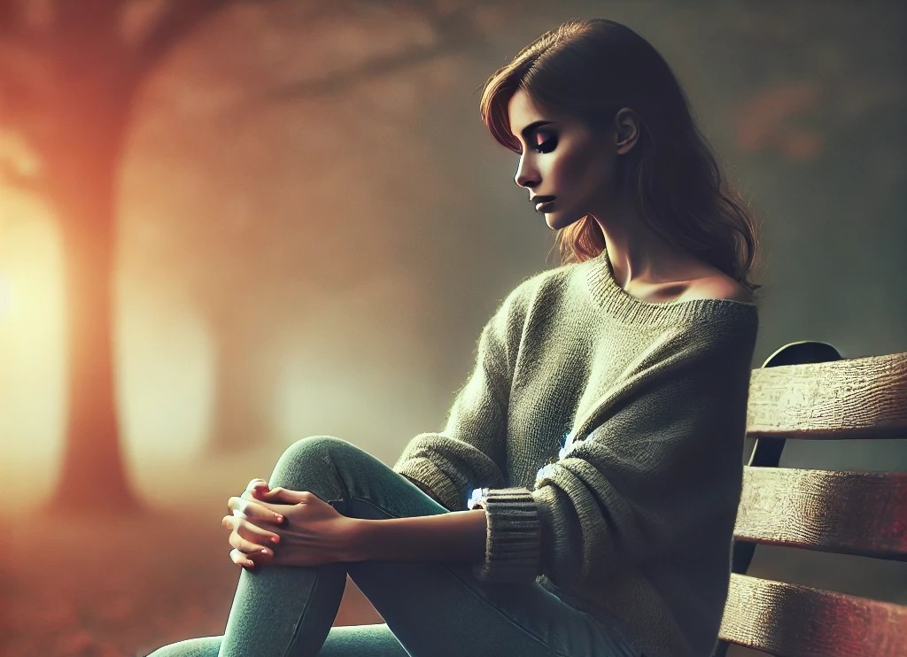 DALL·E 2025-03-18 14.52.37 - A woman sitting alone on a park bench in a soft, melancholic atmosphere, but with a sense of hope. She looks pensive, her hands resting gently on her .jpg