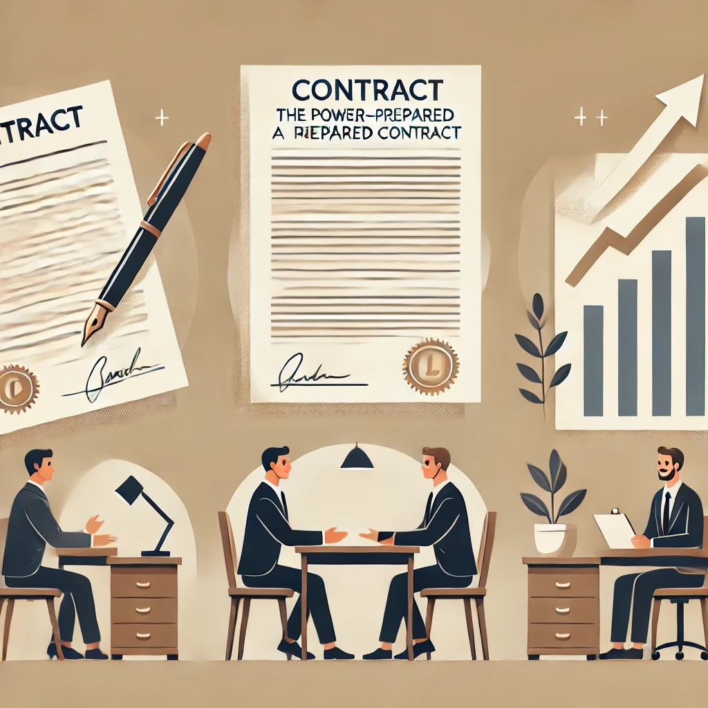 DALL·E 2024-11-10 00.53.06 - Three images for a blog post themed 'The Power of a Well-Prepared Contract in Boosting Sales.' _1. Image 1_ A professional-looking contract document w.jpeg