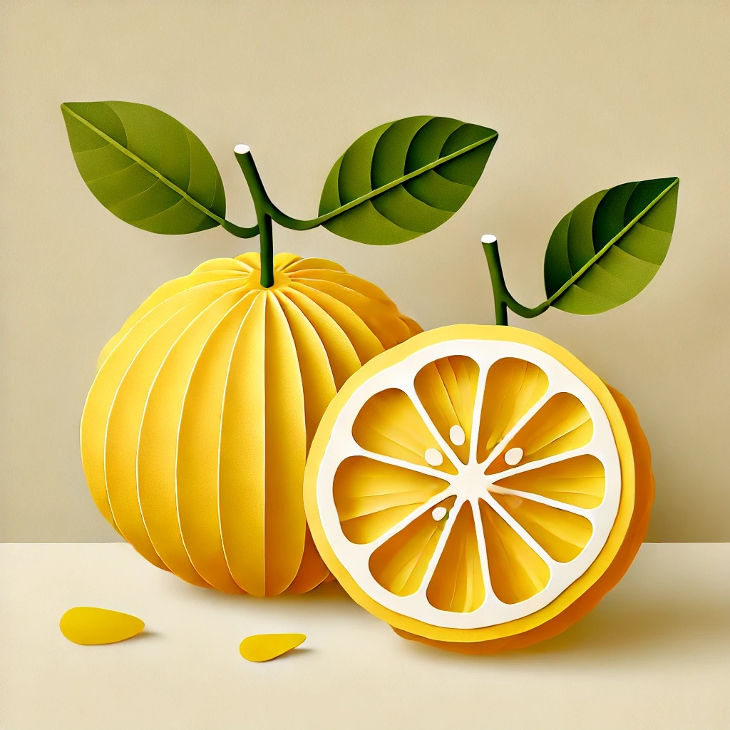 DALL·E 2025-02-12 22.30.44 - A papercraft-style illustration of a Tosa Buntan (Japanese citrus fruit) with a bright yellow, slightly rough textured peel. The fruit is depicted who.jpg