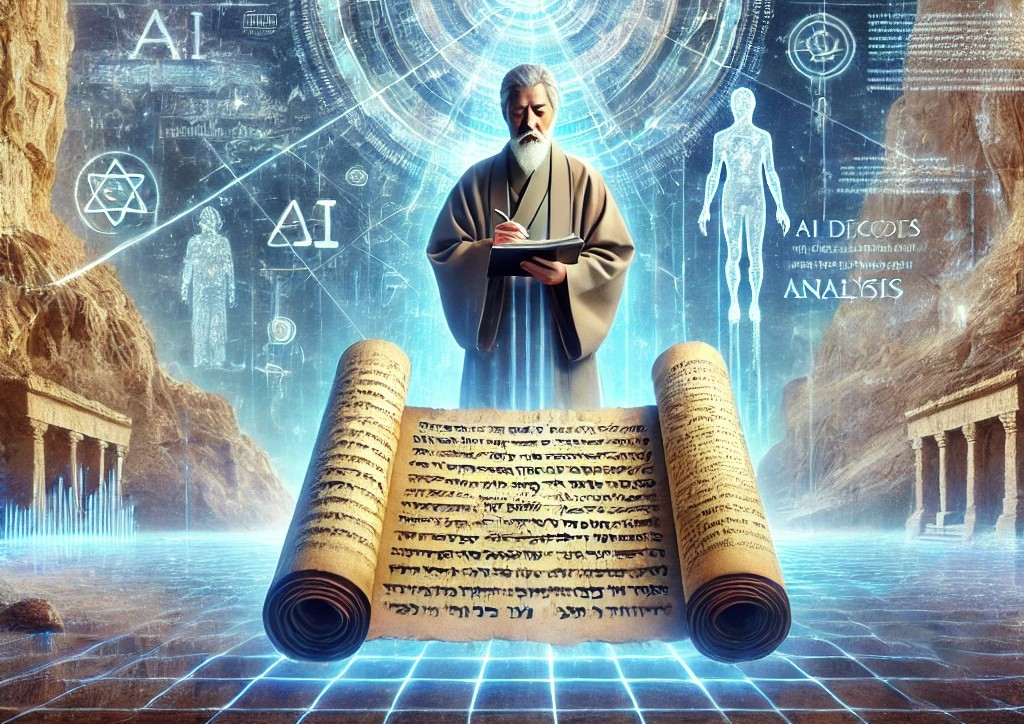 DALL·E 2025-06-06 19.14.55 - A symbolic and mystical illustration for a blog titled 'AI Decodes the Dead Sea Scrolls'. In the center, a Japanese spiritual scholar or sage-like fig.jpg