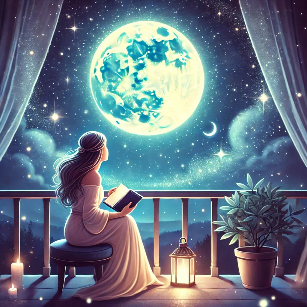 DALL·E 2025-01-26 19.54.08 - An enchanting illustration of a woman sitting peacefully on a balcony at night, gazing at a starry sky with a glowing full moon. She holds a journal, .jpg