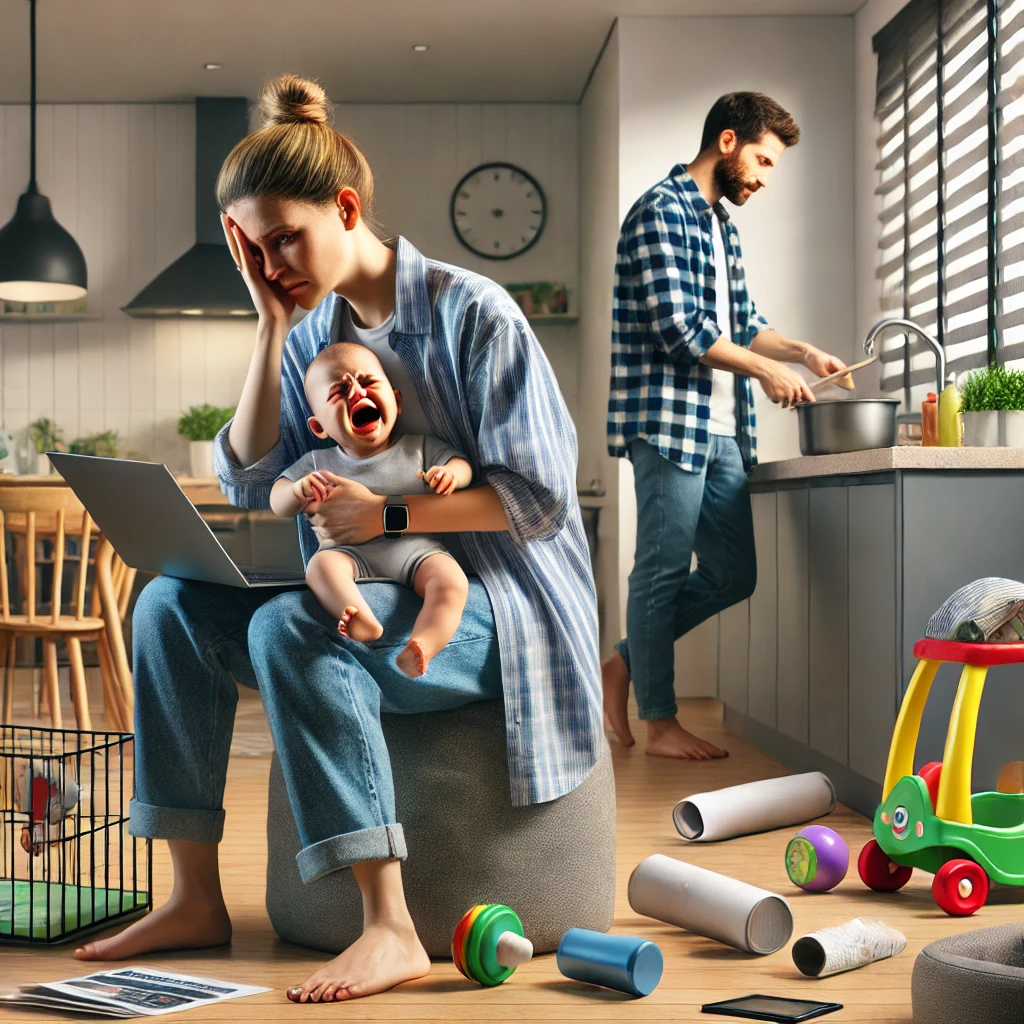 DALL·E 2025-01-05 22.57.28 - A photorealistic depiction of the challenges faced by nuclear families and dual-income households. A modern apartment setting with a tired mother work.png